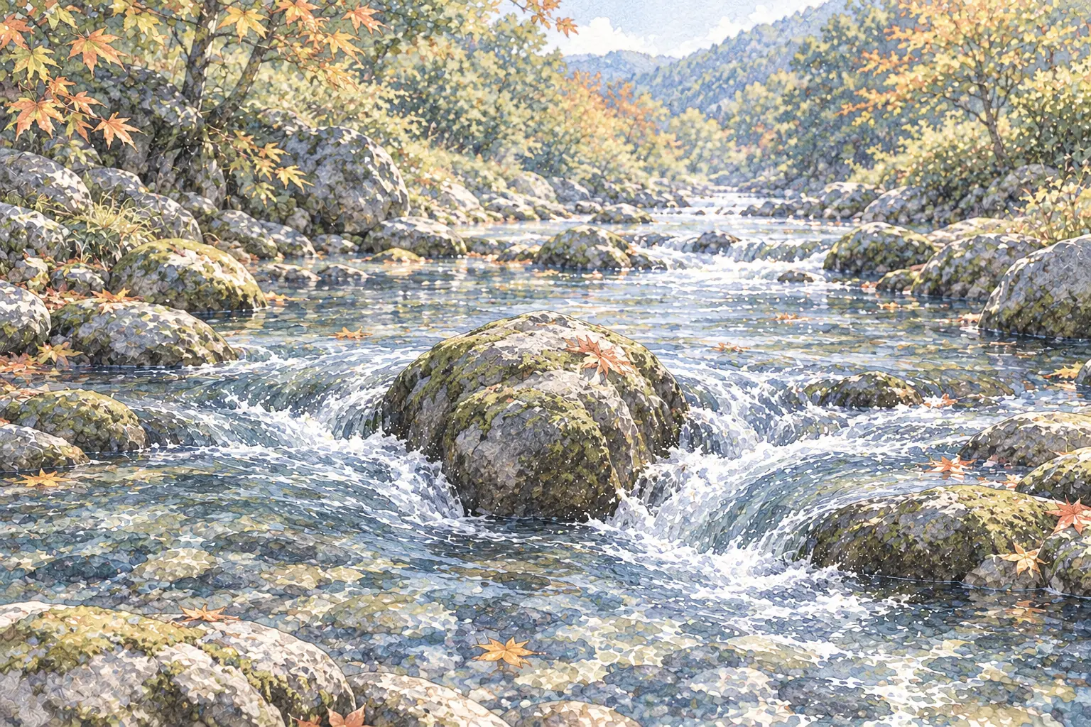 一つの石を挟んで分かれ、再び重なる秋の小川の淡い水彩画