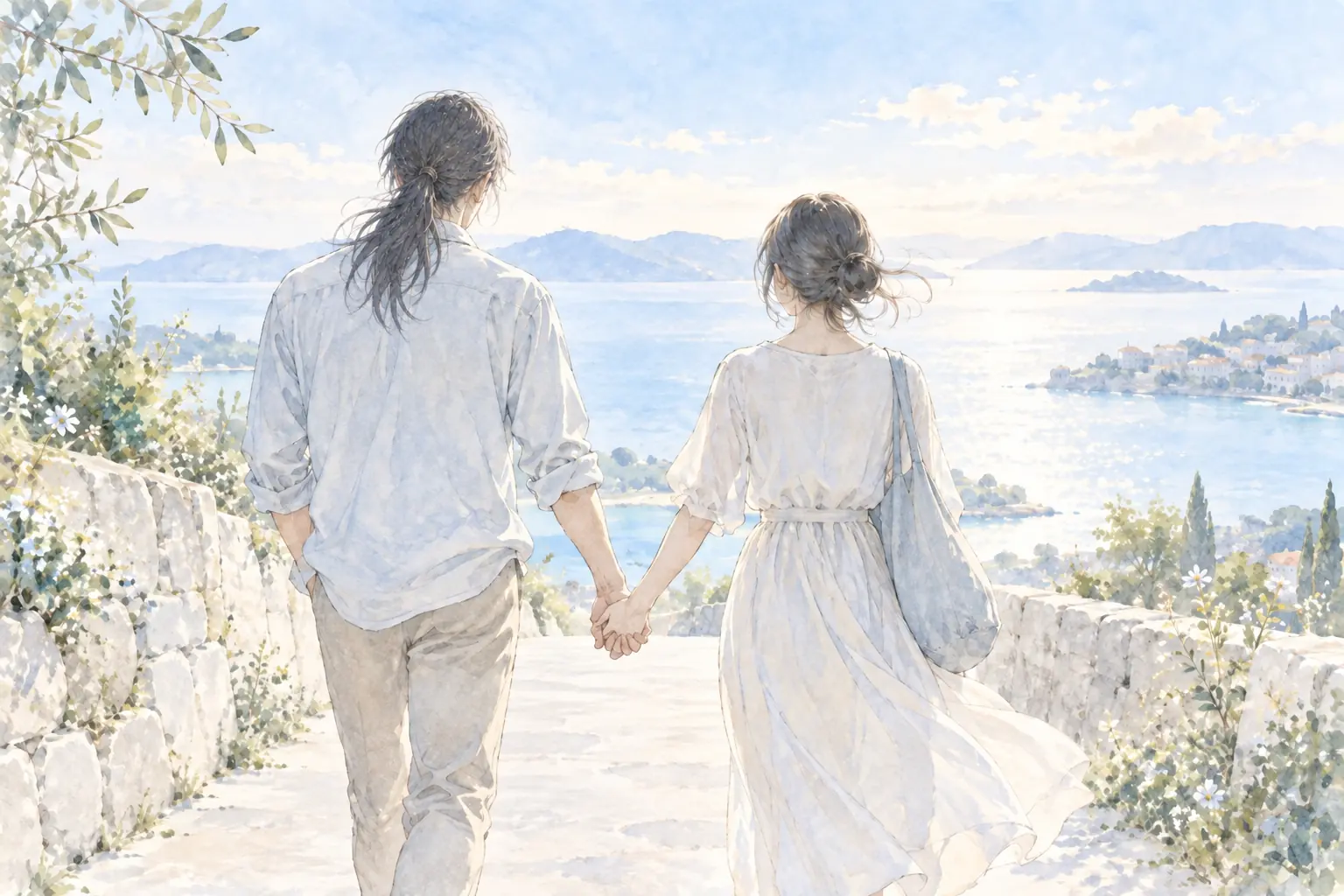 明るい海へ続く道を、長い髪を結んだ澄杜と藍が手をつないで歩く淡い水彩画