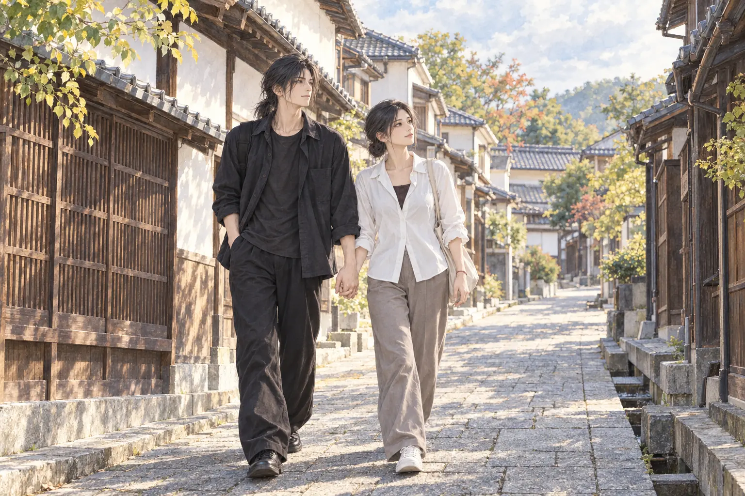古い町並みを手をつないで歩く藍と澄杜の淡い水彩画